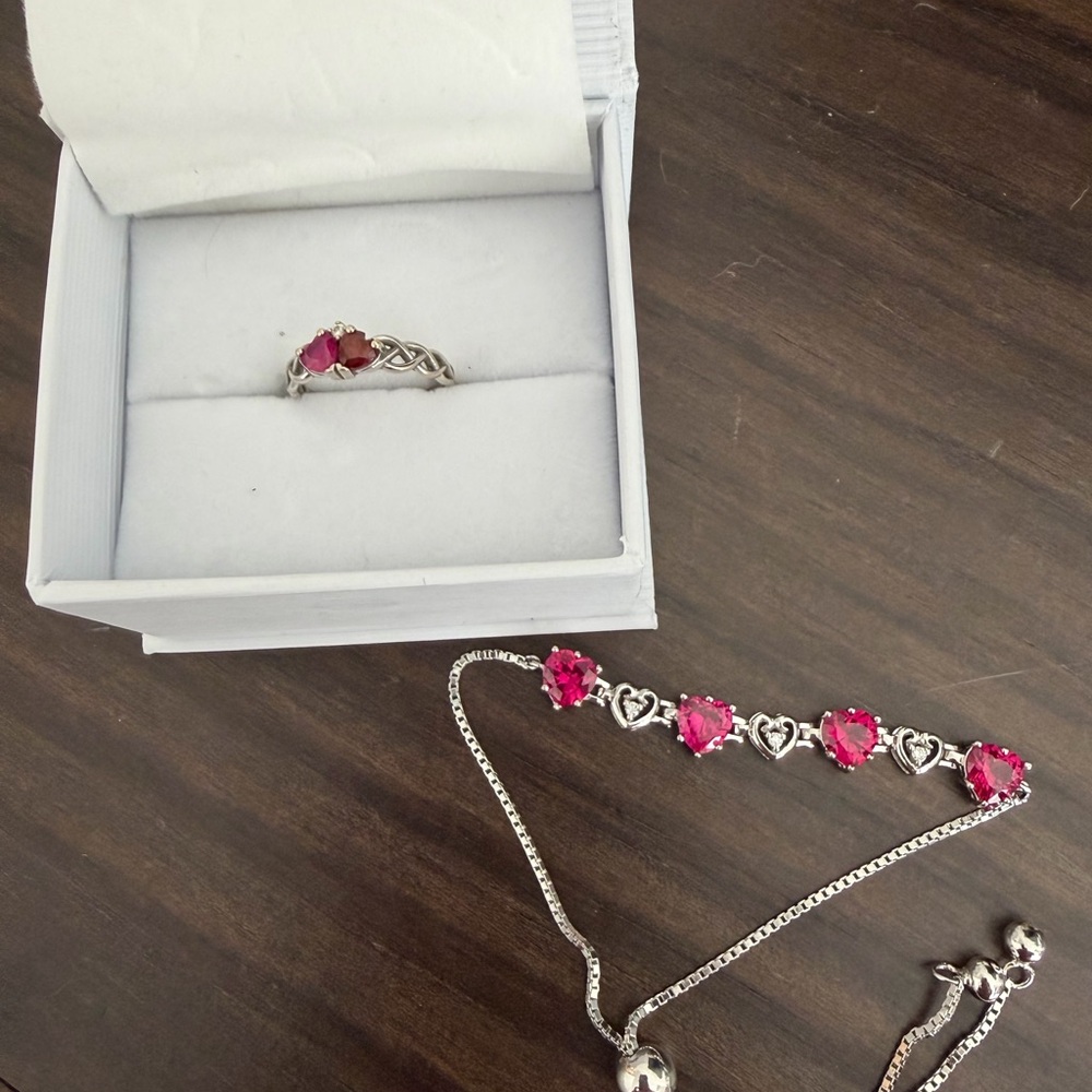 Birthstone Ruby and Garnet Heart Bracelet and 14k White Gold Ring Set